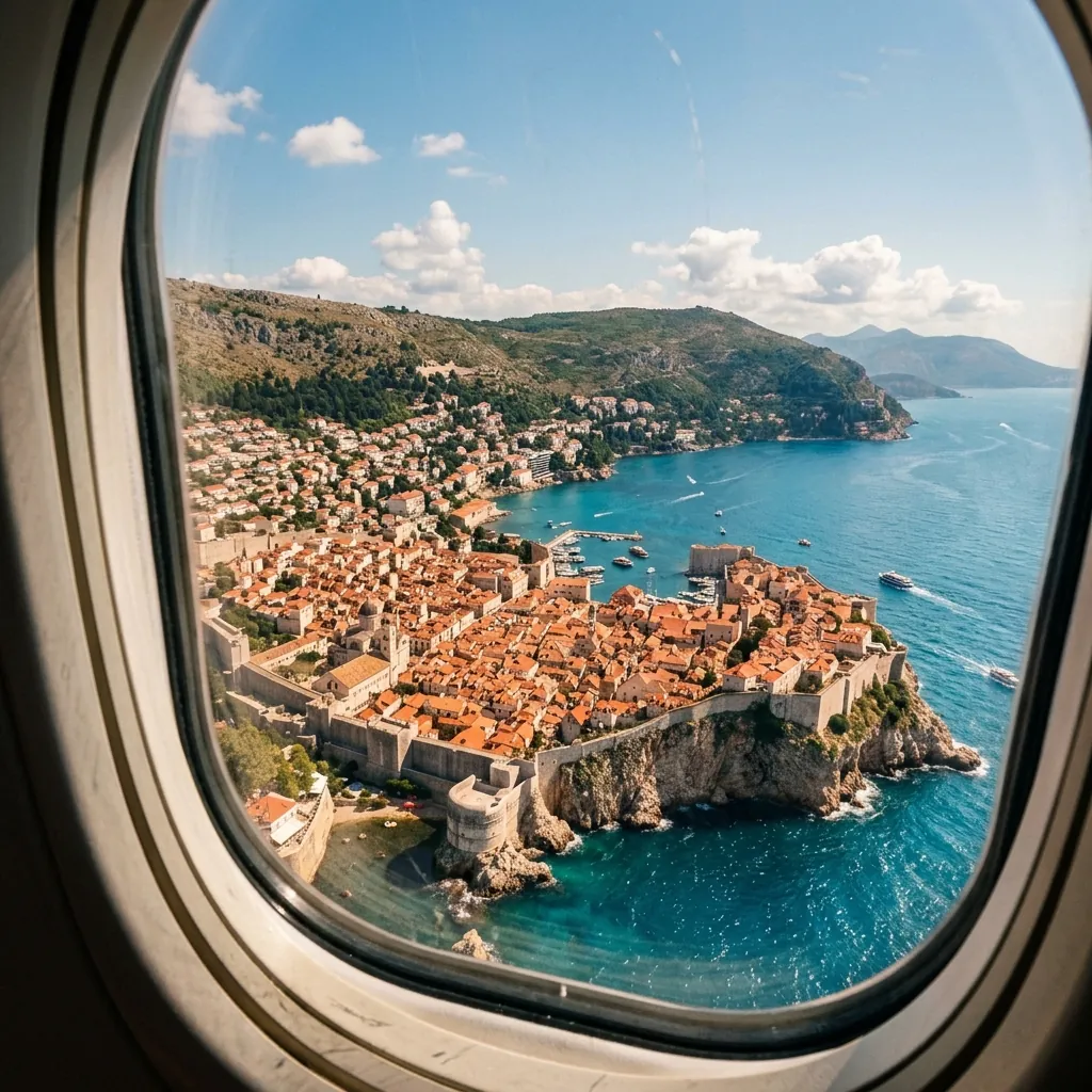 European destination view through airplane window