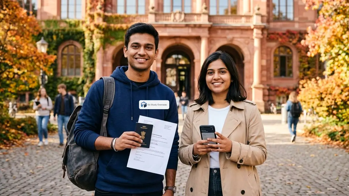 Germany blocked account Indian students holding passport and blocked account confirmation outside German university