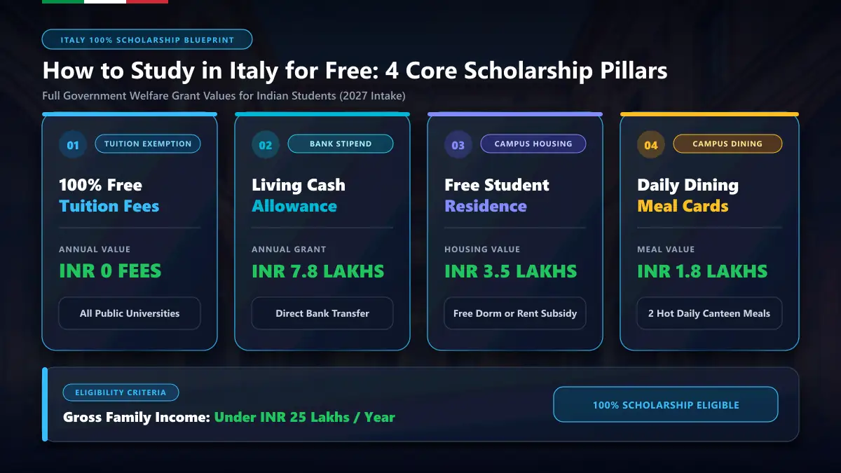 Italy 100% scholarship breakdown infographic for Indian students