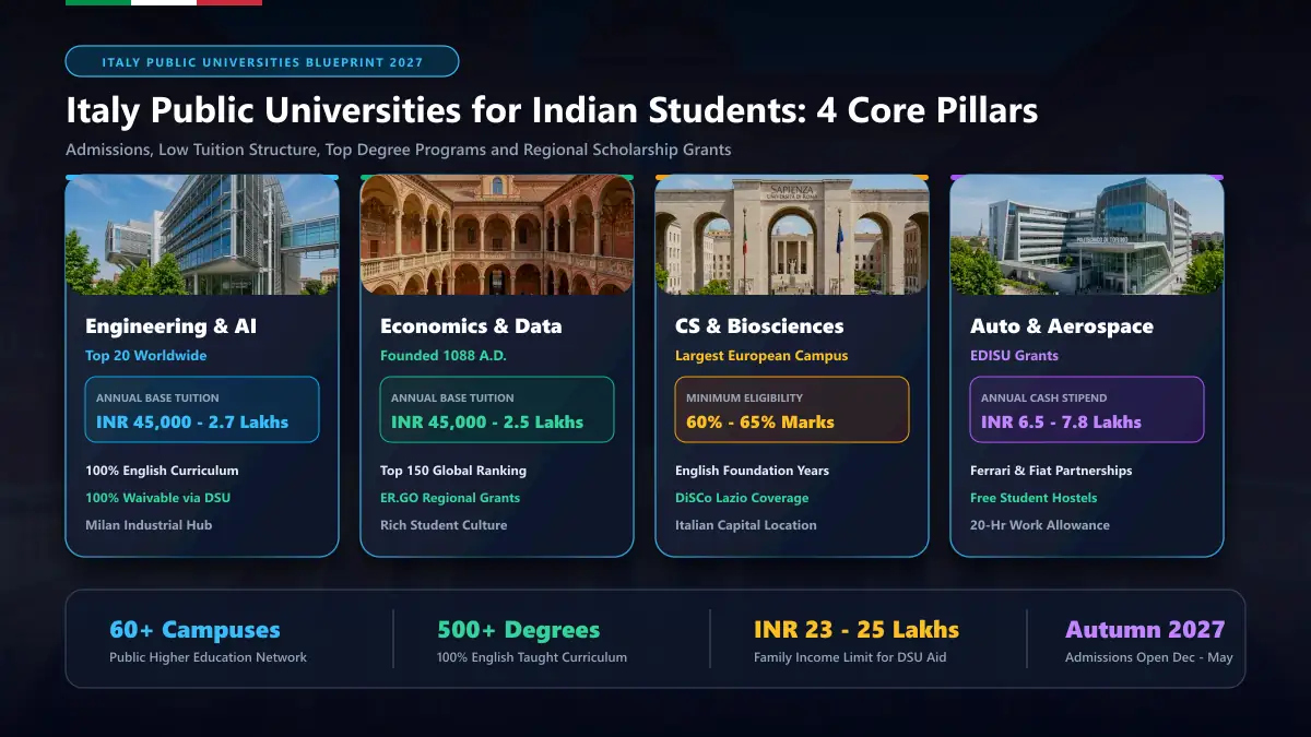 Italy public universities admission and tuition fee infographic for Indian students