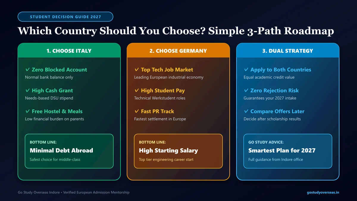 Italy vs Germany post study work visa rules and student decision flowchart infographic