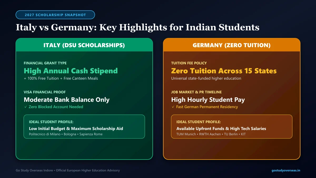 Italy vs Germany scholarships and living costs comparison matrix infographic