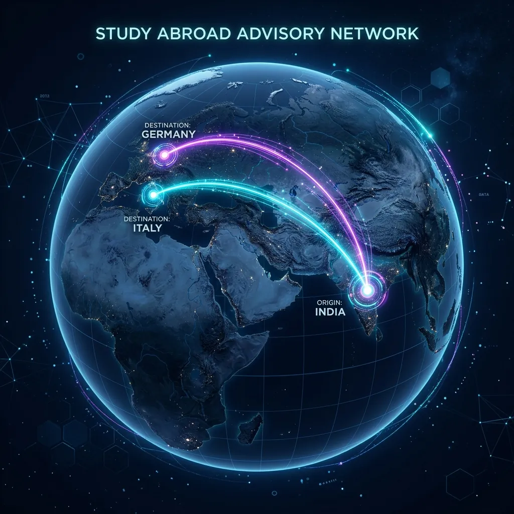 Study Abroad Admission Network Map connecting India to Italy and Germany